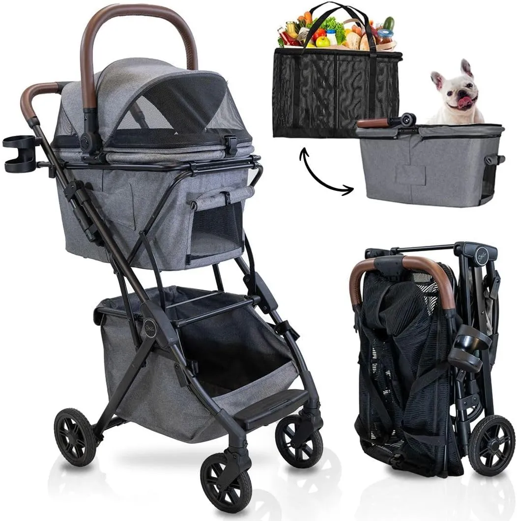 Luxury Pet Stroller & Personal Folding Shopping Cart on Premium Wheels – Lightweight Aluminum Frame – Removable Bassinet, Shopping Bag- Small to Medium Dogs & Cats (Shadow v3 Pet Bassinet)