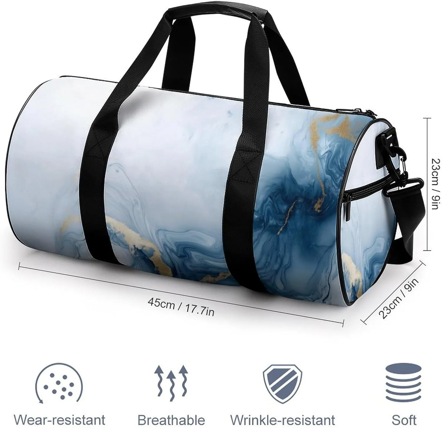 Luxury White Gold Marble Texture Travel Gym Bag for Women Men Cylindrical Duffle Bag Sport Workout Bag with Shoulder Strap