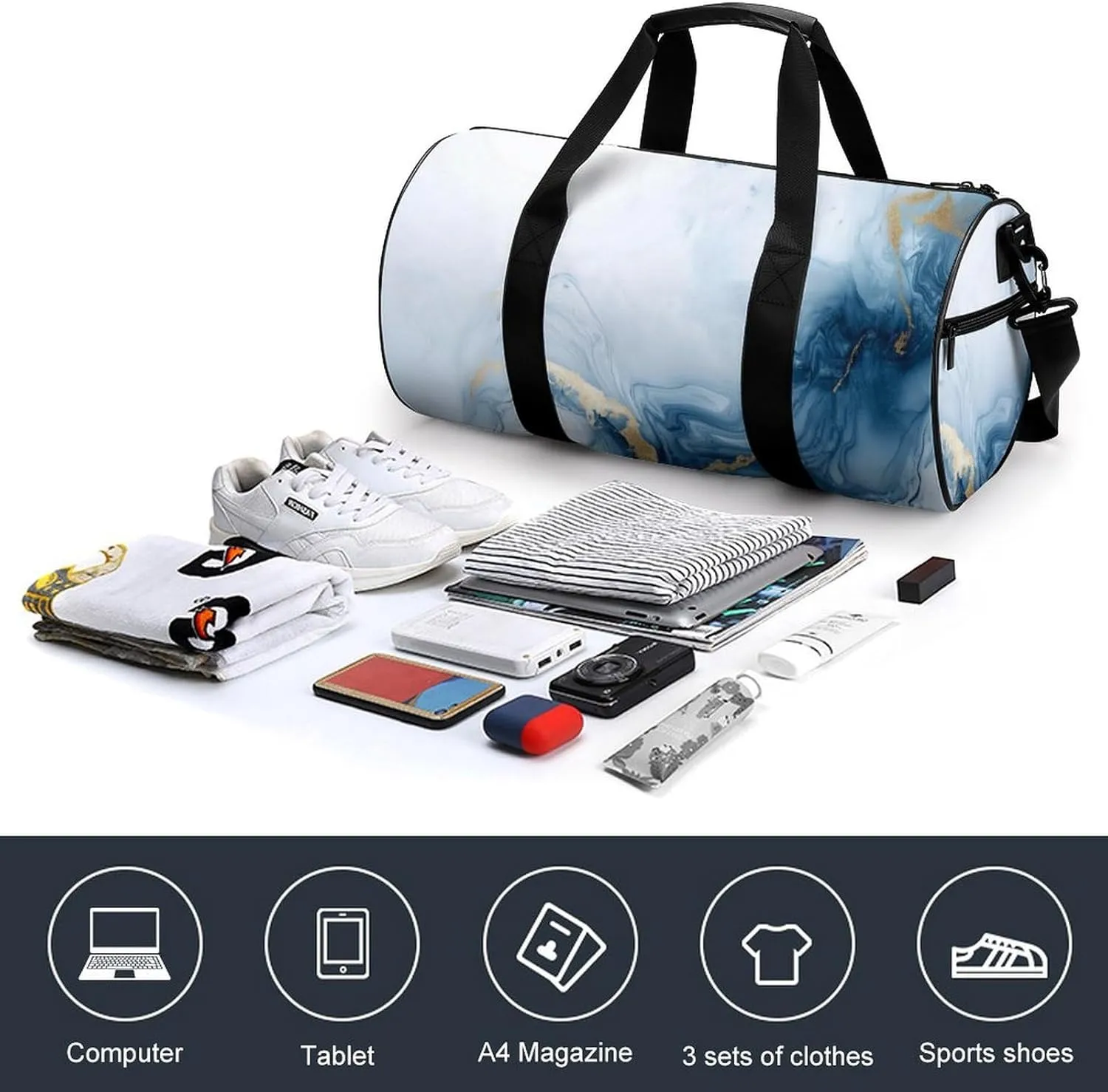 Luxury White Gold Marble Texture Travel Gym Bag for Women Men Cylindrical Duffle Bag Sport Workout Bag with Shoulder Strap