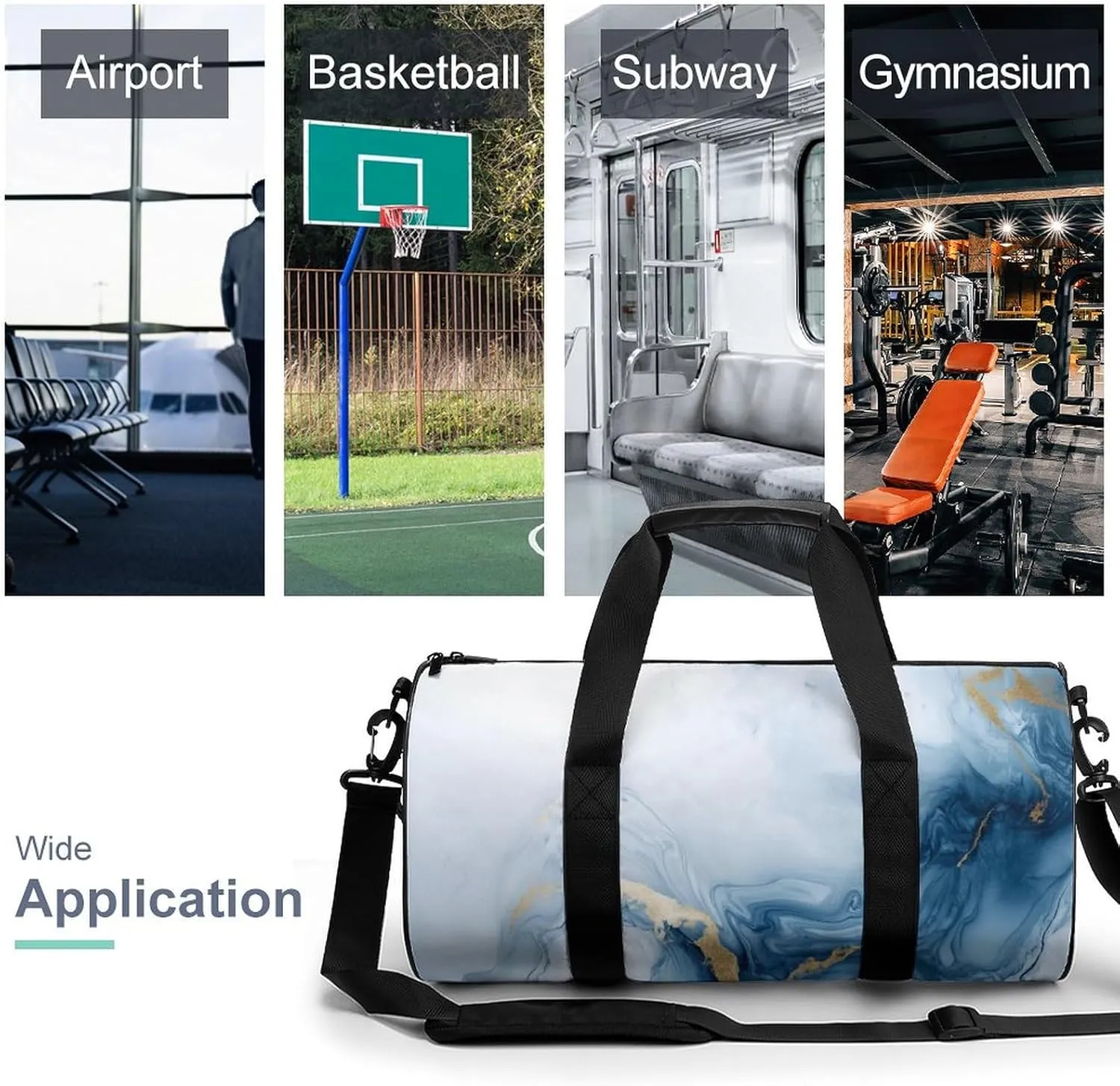 Luxury White Gold Marble Texture Travel Gym Bag for Women Men Cylindrical Duffle Bag Sport Workout Bag with Shoulder Strap