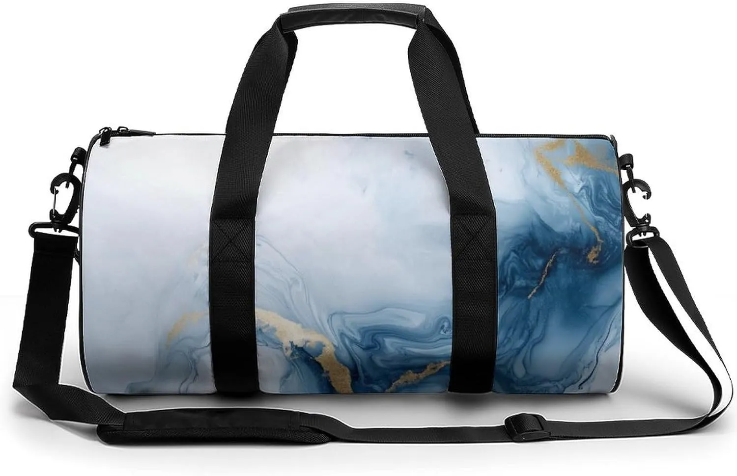 Luxury White Gold Marble Texture Travel Gym Bag for Women Men Cylindrical Duffle Bag Sport Workout Bag with Shoulder Strap