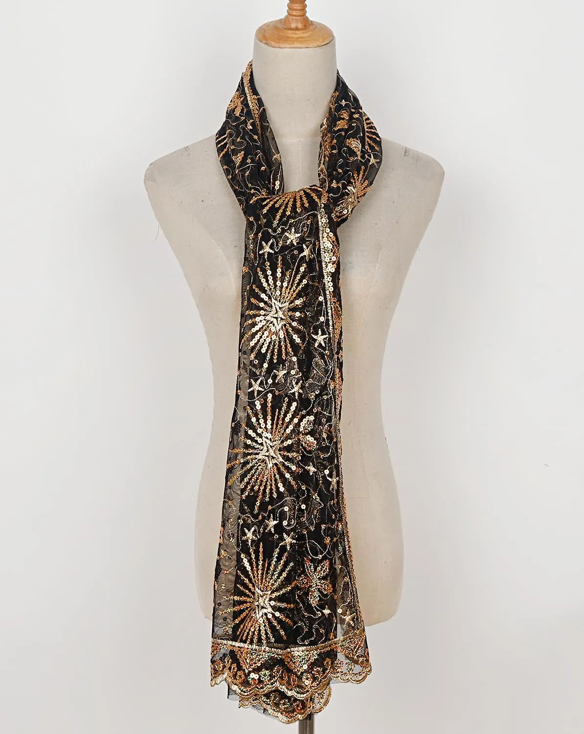 L'VOW Women's Glittering 1920s Scarf Mesh Sequin Wedding Cape Fringed Evening Shawl Wrap