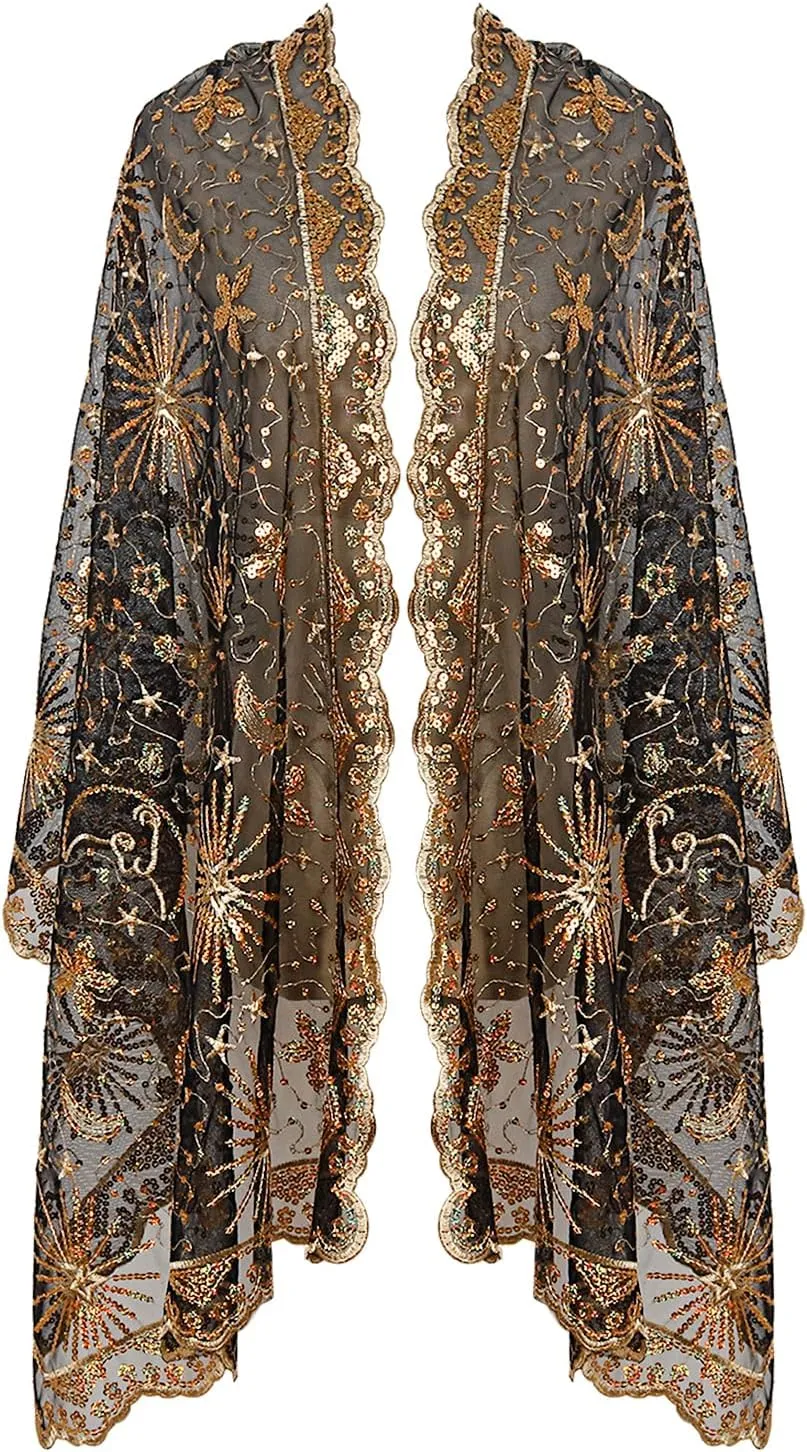 L'VOW Women's Glittering 1920s Scarf Mesh Sequin Wedding Cape Fringed Evening Shawl Wrap