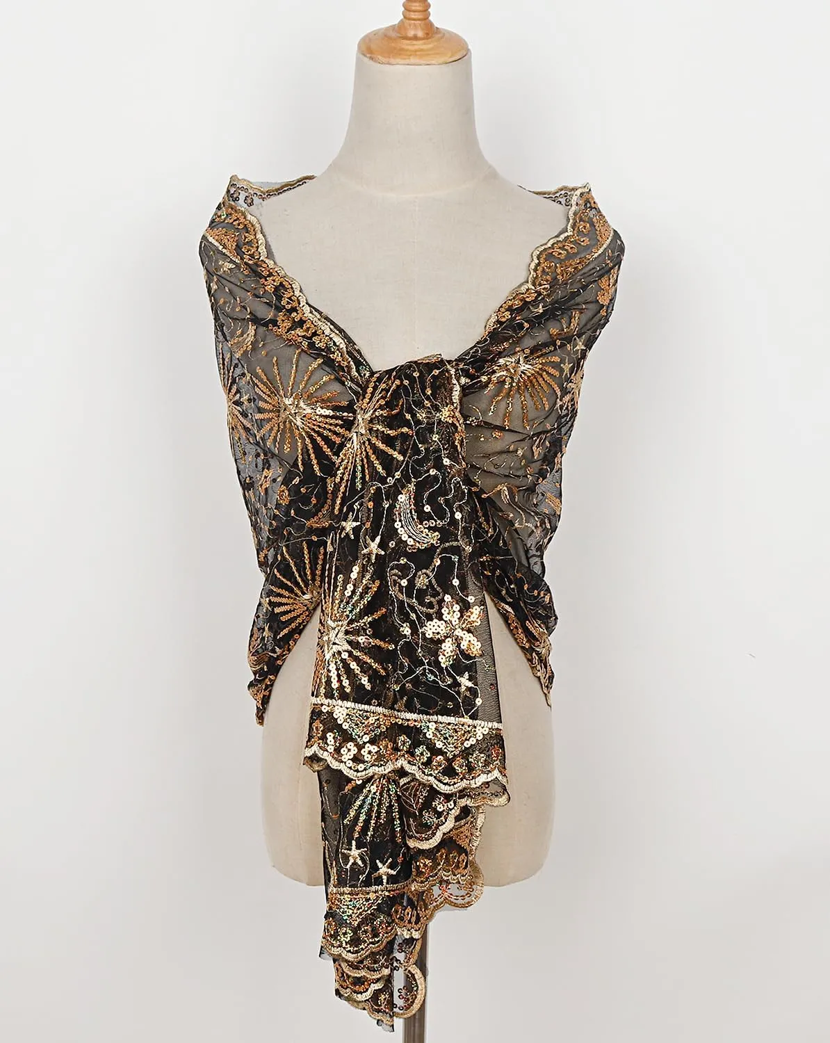 L'VOW Women's Glittering 1920s Scarf Mesh Sequin Wedding Cape Fringed Evening Shawl Wrap