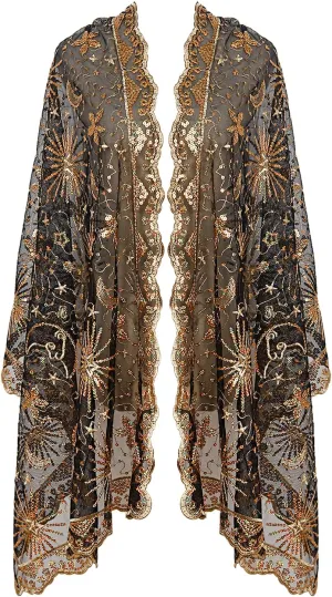 L'VOW Women's Glittering 1920s Scarf Mesh Sequin Wedding Cape Fringed Evening Shawl Wrap