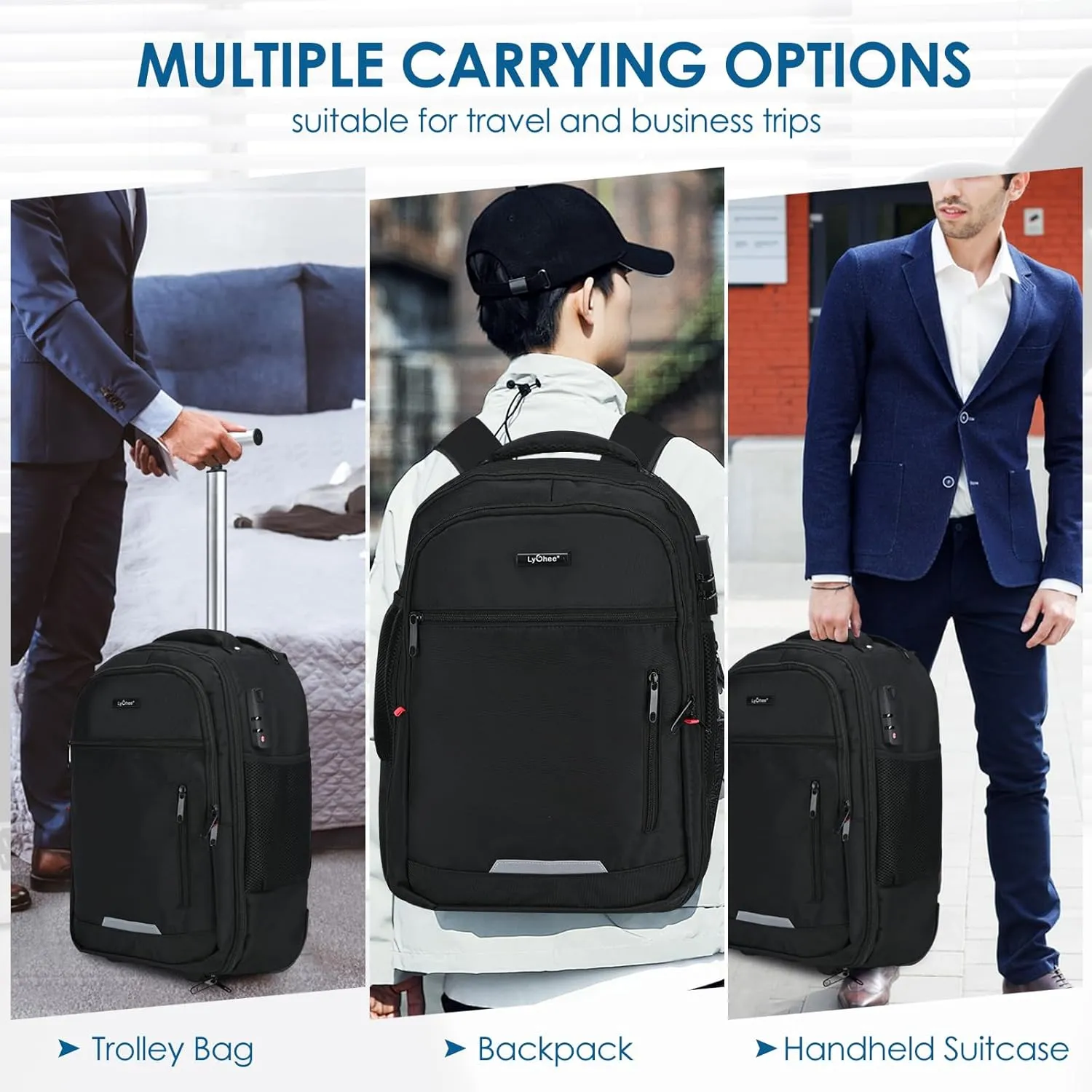 lychee Concealable Rolling Backpack-Adult Business Laptop Backpack with Wheels-20 inch Invisible Shoulder Strap Waterproof Backpack with Roller-Suitcase Travel Bag,Black
