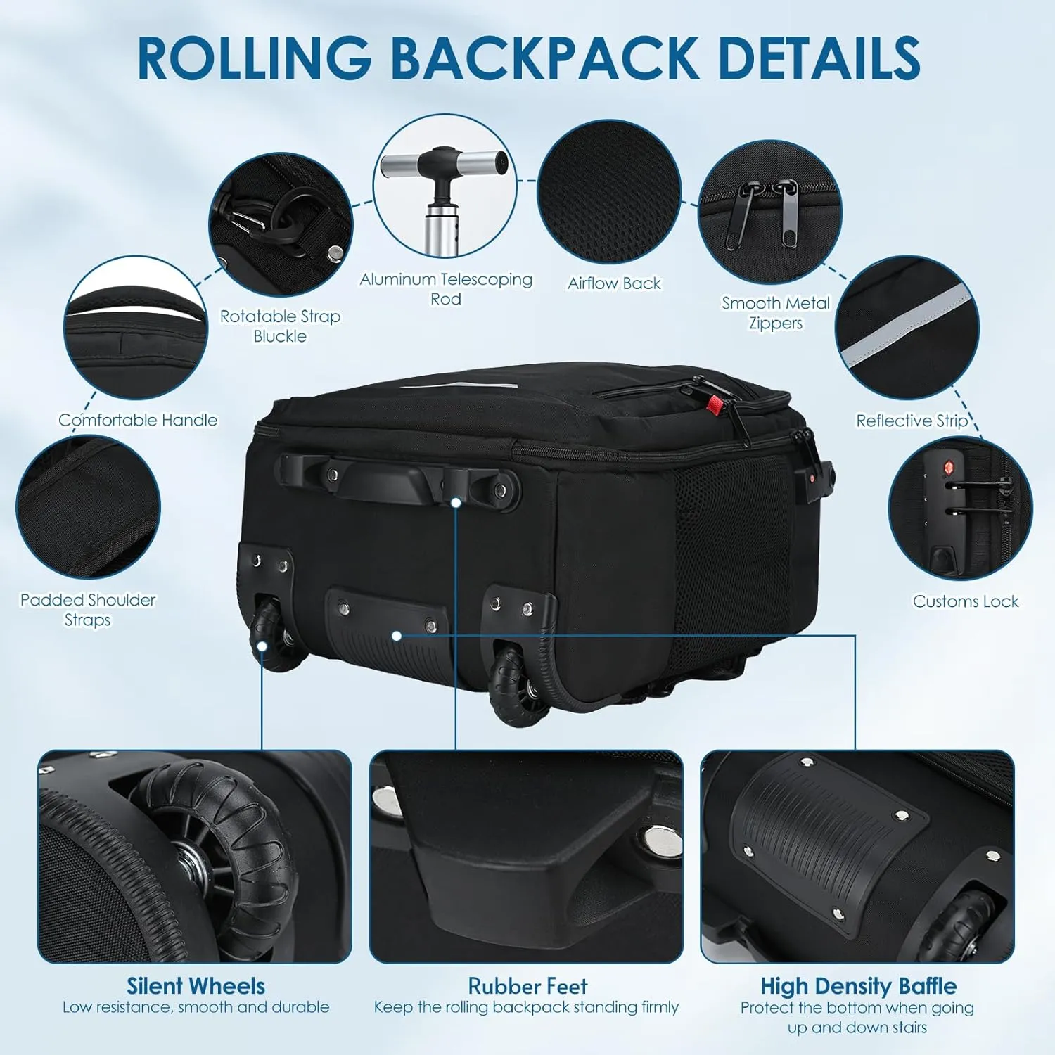 lychee Concealable Rolling Backpack-Adult Business Laptop Backpack with Wheels-20 inch Invisible Shoulder Strap Waterproof Backpack with Roller-Suitcase Travel Bag,Black