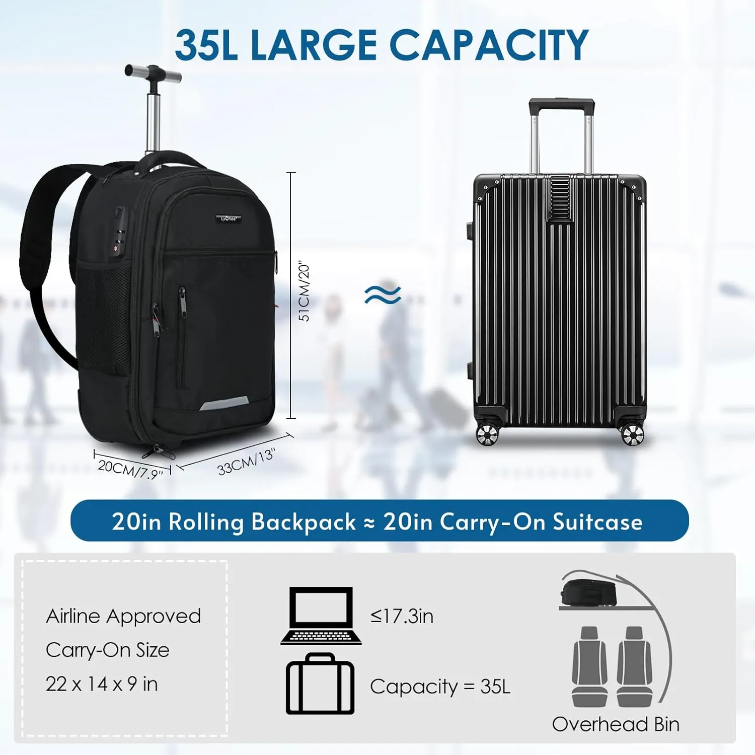 lychee Concealable Rolling Backpack-Adult Business Laptop Backpack with Wheels-20 inch Invisible Shoulder Strap Waterproof Backpack with Roller-Suitcase Travel Bag,Black