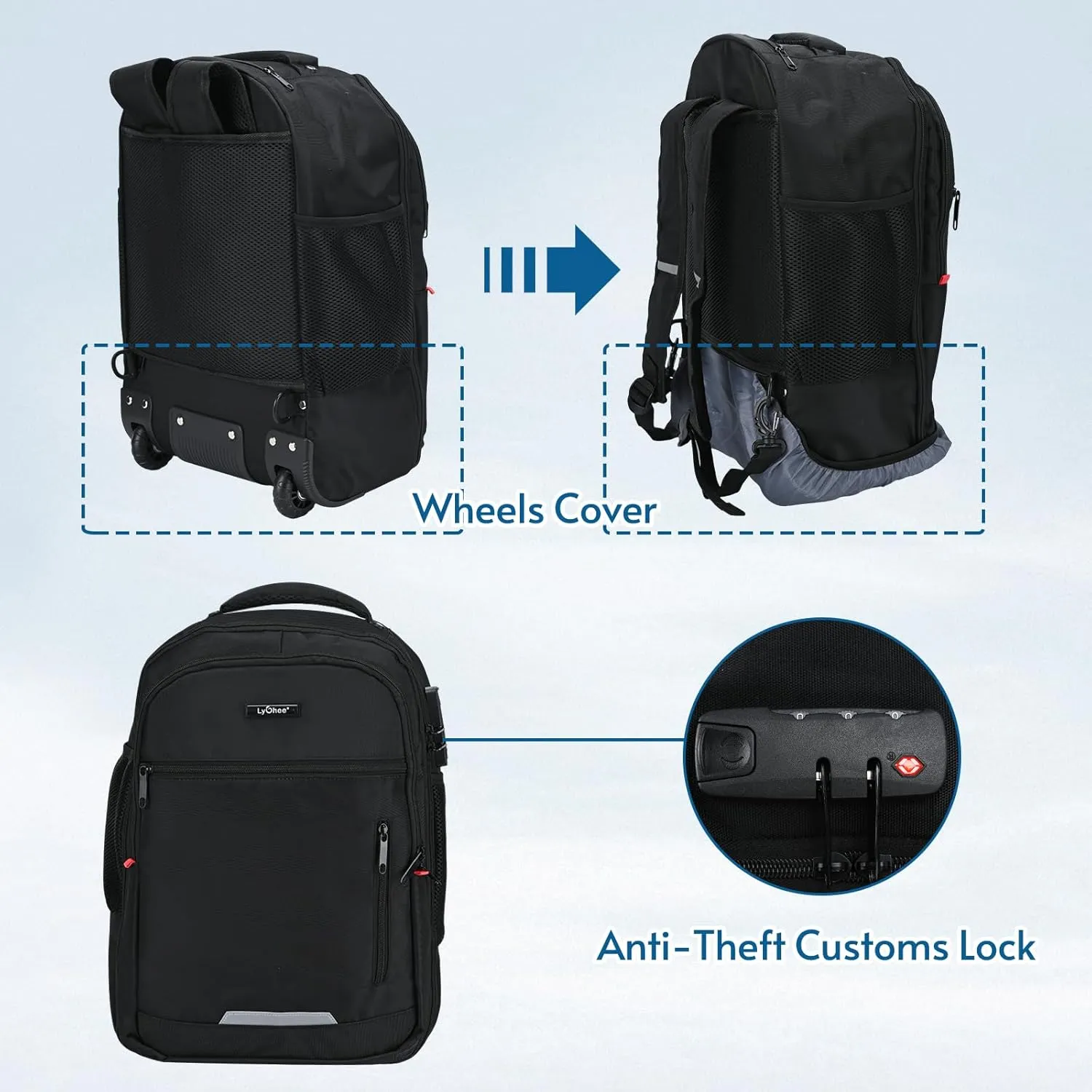 lychee Concealable Rolling Backpack-Adult Business Laptop Backpack with Wheels-20 inch Invisible Shoulder Strap Waterproof Backpack with Roller-Suitcase Travel Bag,Black