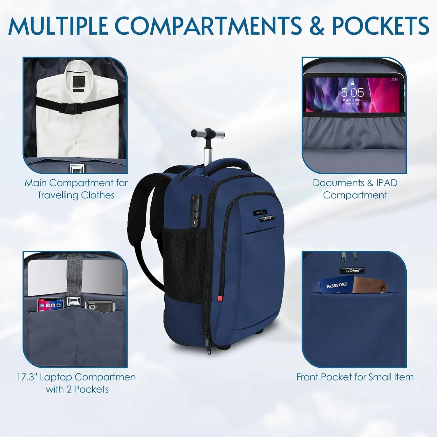 lychee Concealable Trolley Rolling Backpack-Adult Business Laptop Backpack with Wheels-20 inch Invisible Shoulder Strap Waterproof Backpack-Suitcase Travel Bag with reflective stripes,Blue