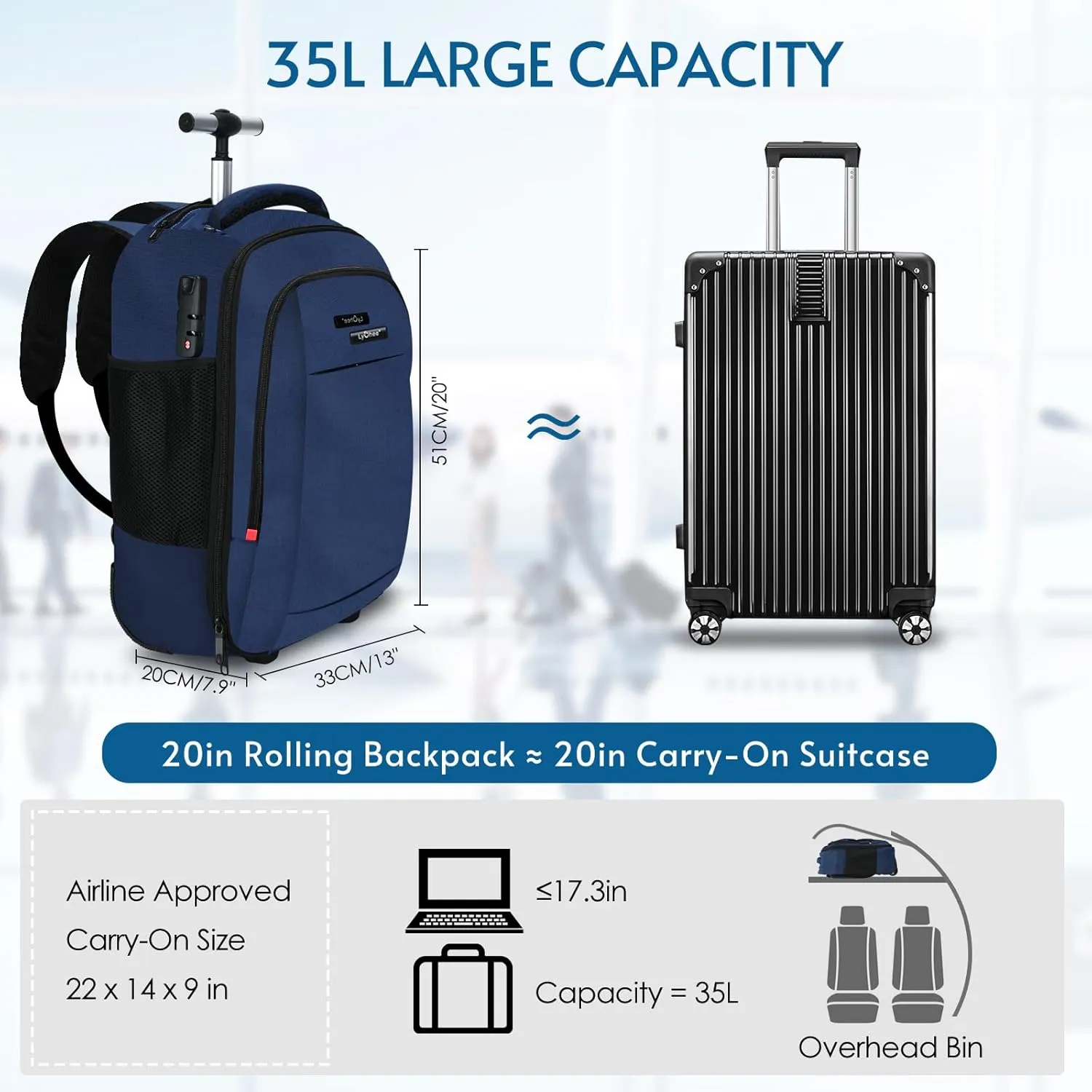 lychee Concealable Trolley Rolling Backpack-Adult Business Laptop Backpack with Wheels-20 inch Invisible Shoulder Strap Waterproof Backpack-Suitcase Travel Bag with reflective stripes,Blue