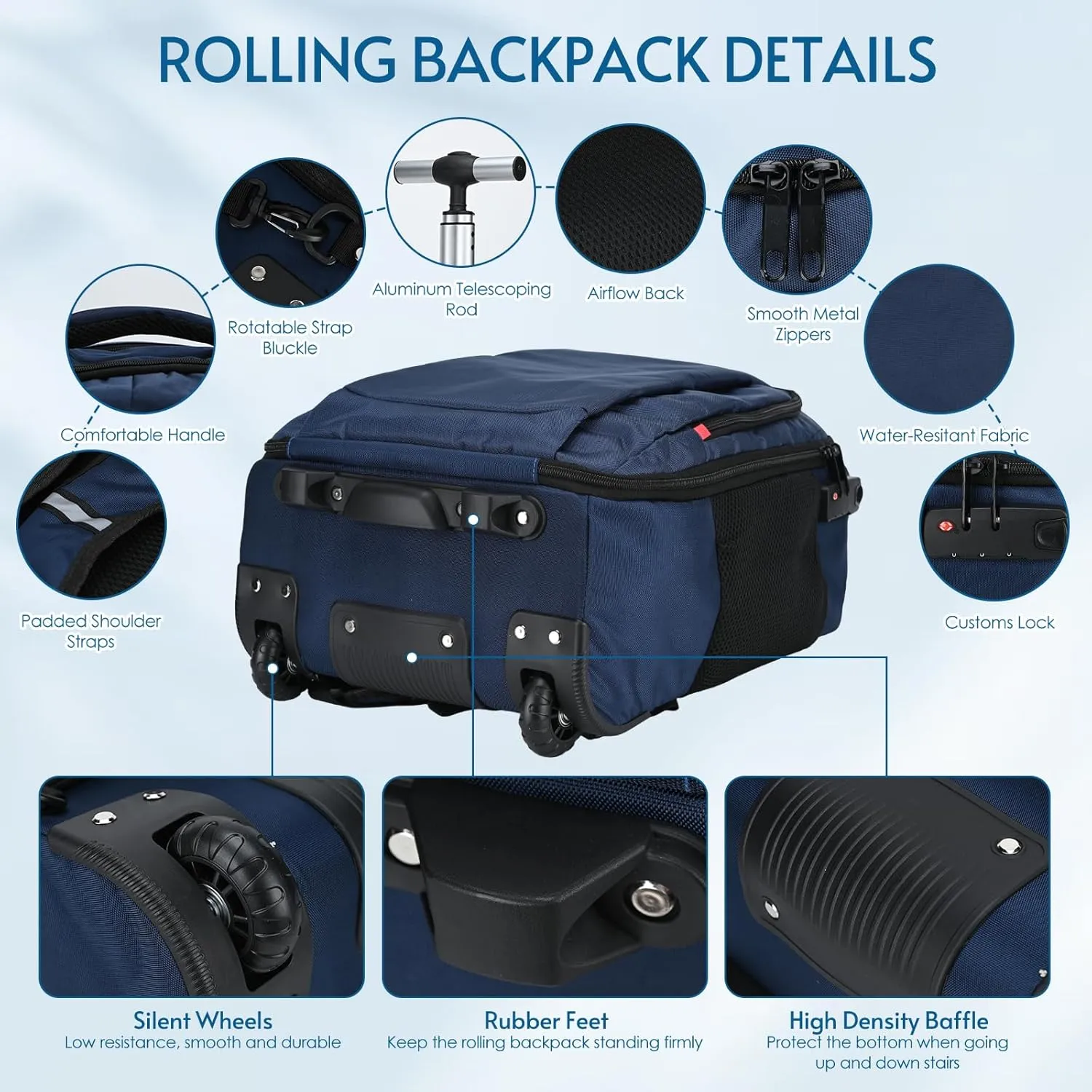 lychee Concealable Trolley Rolling Backpack-Adult Business Laptop Backpack with Wheels-20 inch Invisible Shoulder Strap Waterproof Backpack-Suitcase Travel Bag with reflective stripes,Blue