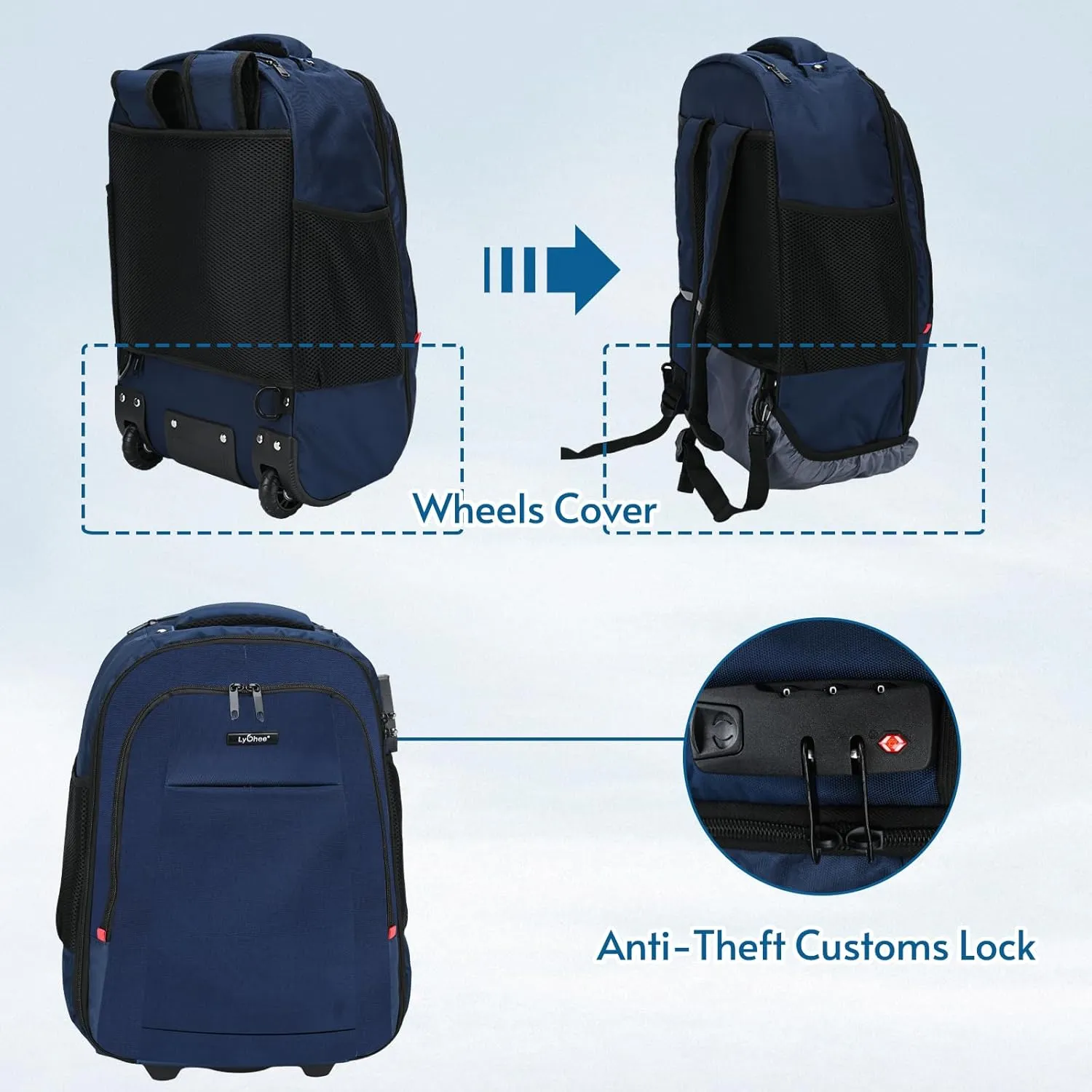 lychee Concealable Trolley Rolling Backpack-Adult Business Laptop Backpack with Wheels-20 inch Invisible Shoulder Strap Waterproof Backpack-Suitcase Travel Bag with reflective stripes,Blue