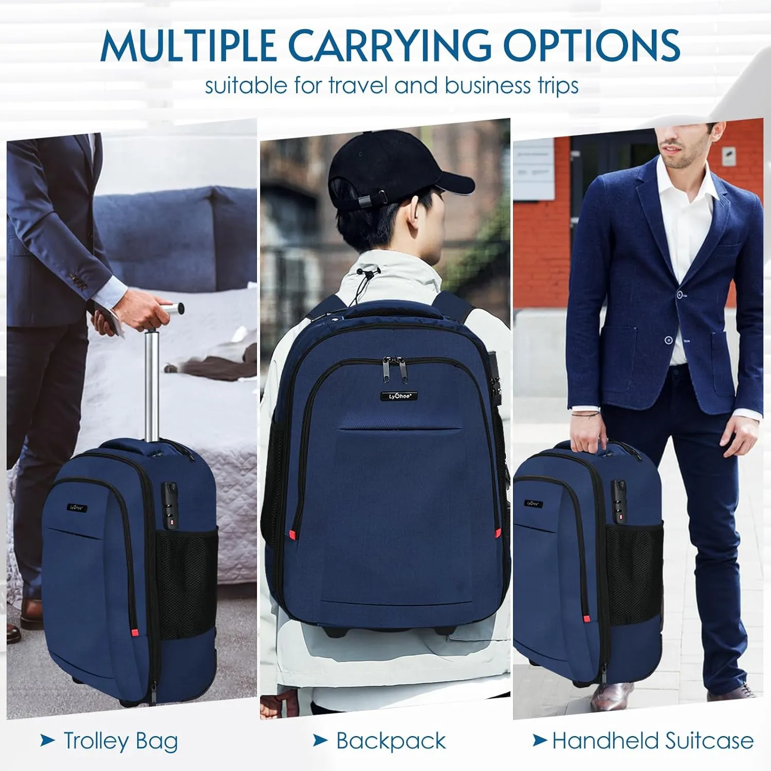 lychee Concealable Trolley Rolling Backpack-Adult Business Laptop Backpack with Wheels-20 inch Invisible Shoulder Strap Waterproof Backpack-Suitcase Travel Bag with reflective stripes,Blue