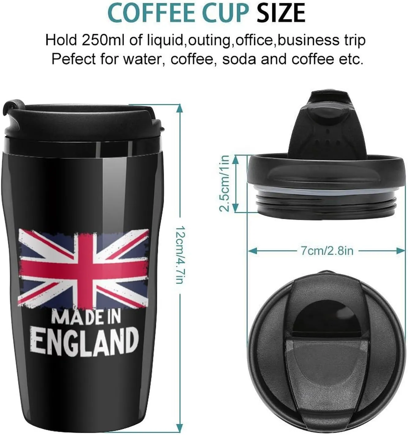 Made in England British Flag Union Jack Coffee Mug with Lid Portable Tumbler Water Bottle for Travel Business 250ml