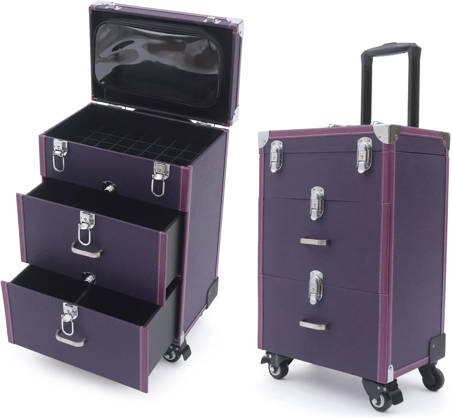 Makeup Train Case, Rolling Nail Case, Aluminum Rolling Makeup Case, Rolling Makeup Trolley Case, Manicure Storage Case Polish Organizer w/ 4 Wheels (Purple)