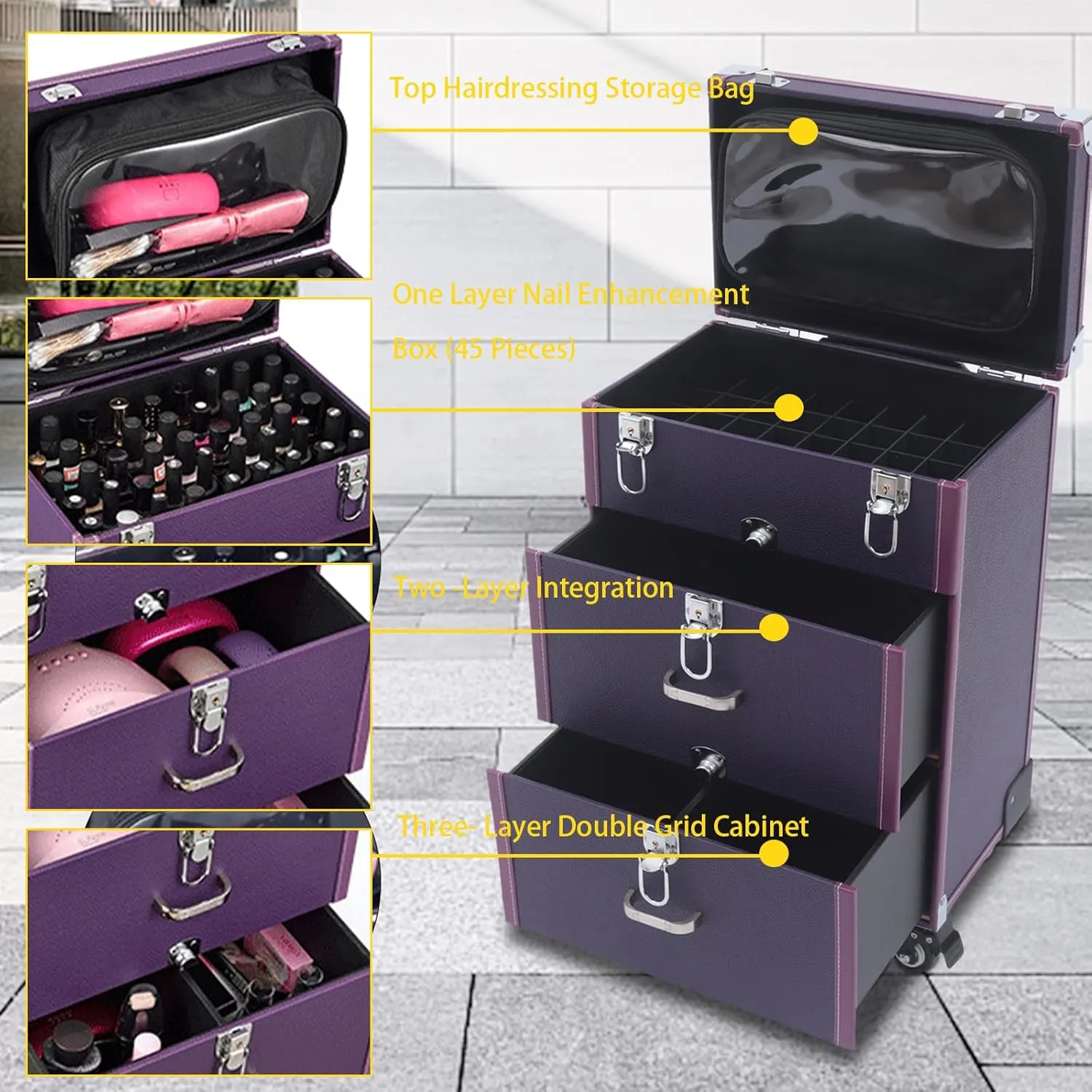 Makeup Train Case, Rolling Nail Case, Aluminum Rolling Makeup Case, Rolling Makeup Trolley Case, Manicure Storage Case Polish Organizer w/ 4 Wheels (Purple)
