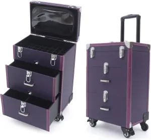 Makeup Train Case, Rolling Nail Case, Aluminum Rolling Makeup Case, Rolling Makeup Trolley Case, Manicure Storage Case Polish Organizer w/ 4 Wheels (Purple)