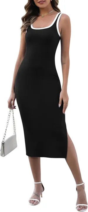 Manydress Women's Summer Tank Basic Backless Square Neck Sleeveless Side Slit Bodycon Midi Dress MY335