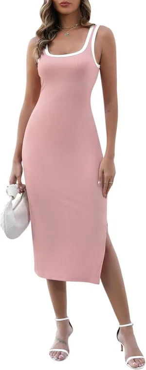 Manydress Women's Summer Tank Basic Backless Square Neck Sleeveless Side Slit Bodycon Midi Dress MY335