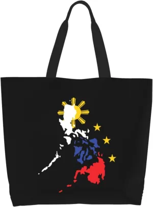 Map of Philippines Canvas Tote Bags for Women, Ladies Shoulder Handbags Large Purse Lightweight Foldable Reusable Shopping Bag with Pockets for Work, Travel, 15.7x19.7in