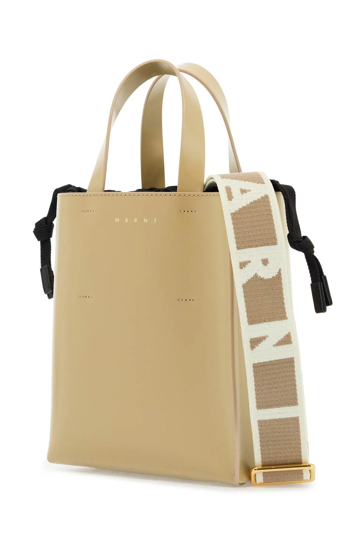 Marni Leather Shopping Bag With Shorts Handles And Shoulder Beige Strap