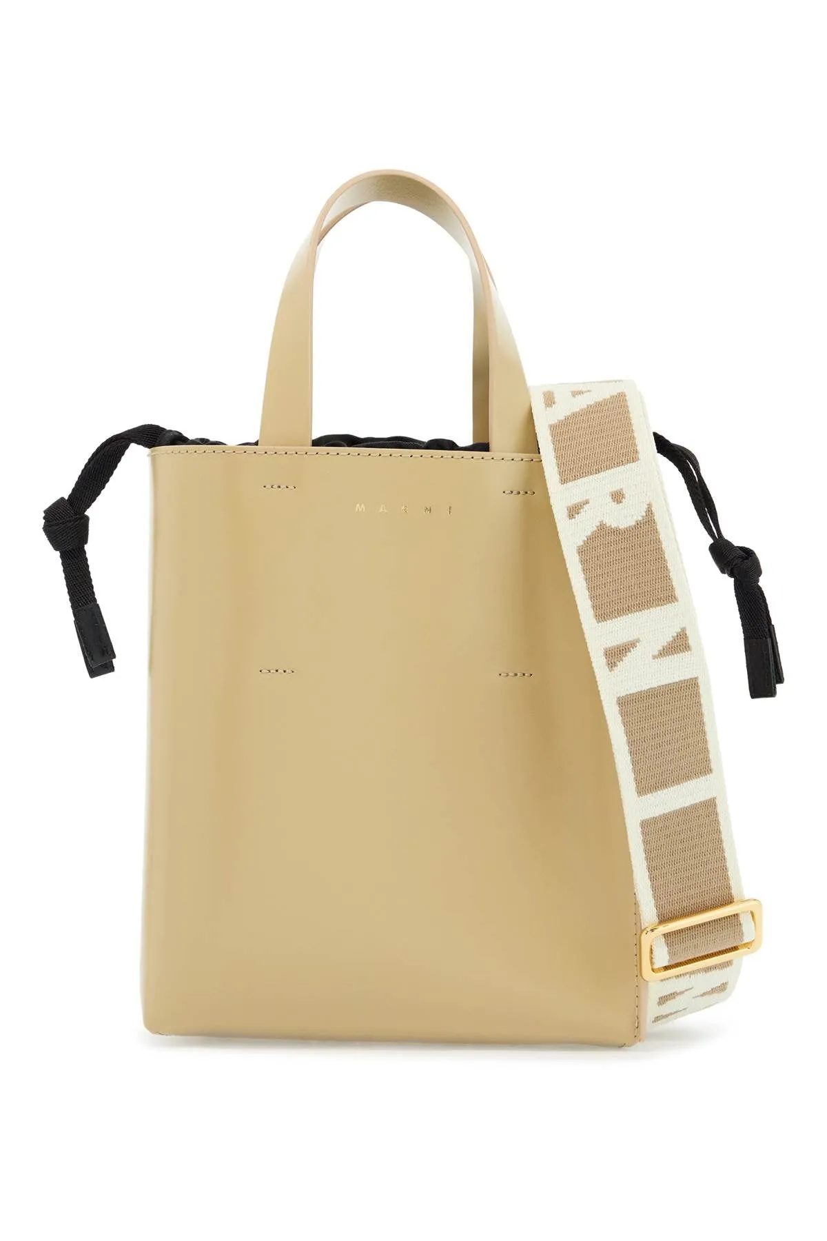 Marni Leather Shopping Bag With Shorts Handles And Shoulder Beige Strap