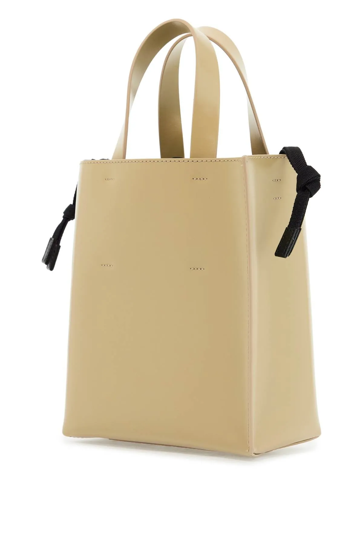 Marni Leather Shopping Bag With Shorts Handles And Shoulder Beige Strap