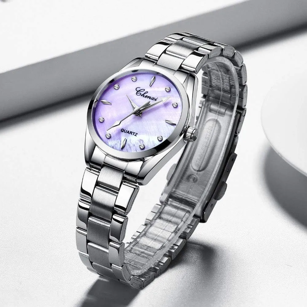 MASTOP Women Watches Rhinestone & Shell dial Quartz Watches Ladies Luxury Stainless Steel Fashion Dress Watch
