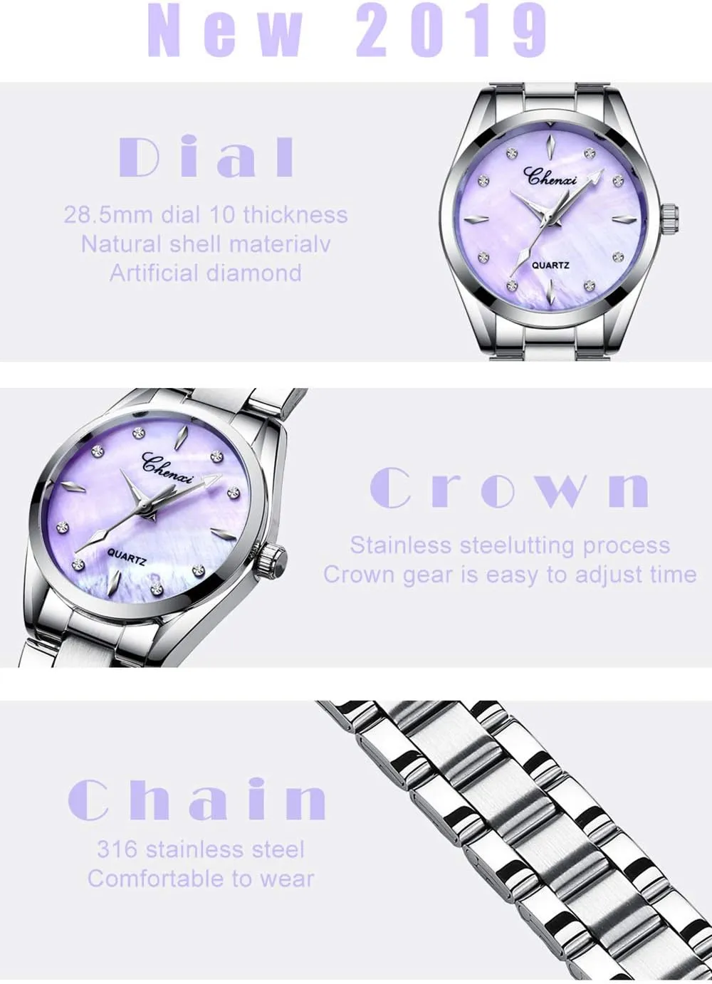 MASTOP Women Watches Rhinestone & Shell dial Quartz Watches Ladies Luxury Stainless Steel Fashion Dress Watch