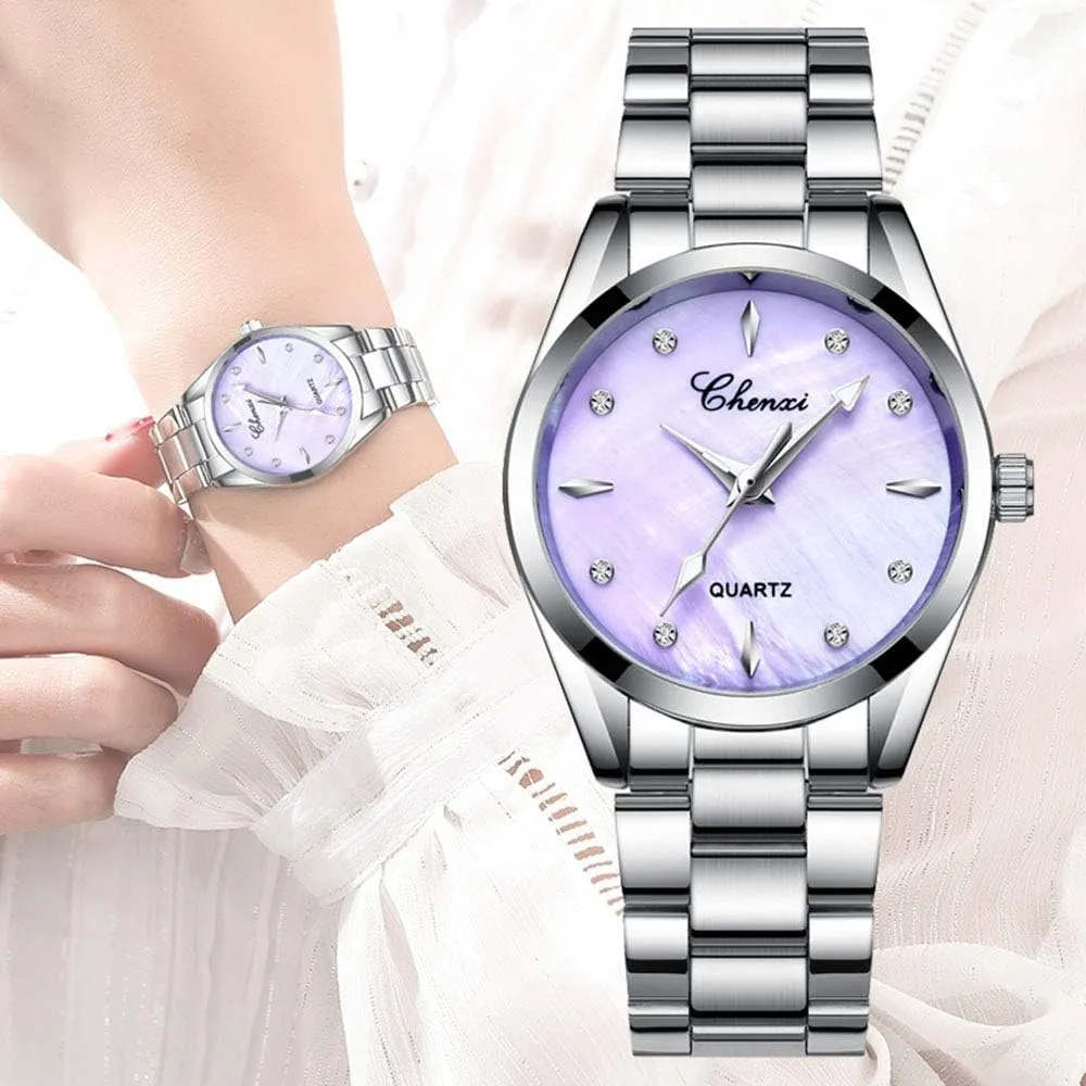 MASTOP Women Watches Rhinestone & Shell dial Quartz Watches Ladies Luxury Stainless Steel Fashion Dress Watch
