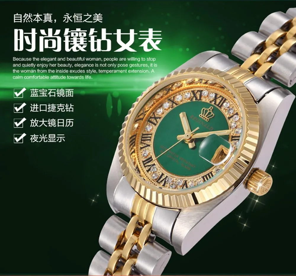 MASTOP Women's Rhinestone Gold Silver Two Tone Stainless Steel Waterproof Quartz Calendar Girls Luminous Watch