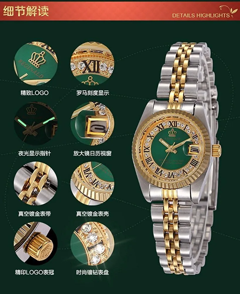 MASTOP Women's Rhinestone Gold Silver Two Tone Stainless Steel Waterproof Quartz Calendar Girls Luminous Watch