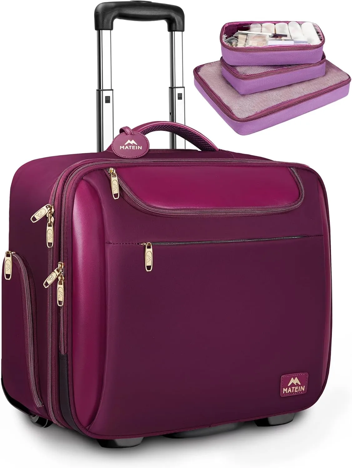 MATEIN Rolling Briefcase for Women, Large 17 Inch Laptop Travel Bag with Wheels & 3 Packing Cubes, Carry On Business Luggage Office Roller Computer Case Suitcase for Teacher College Work, Purple
