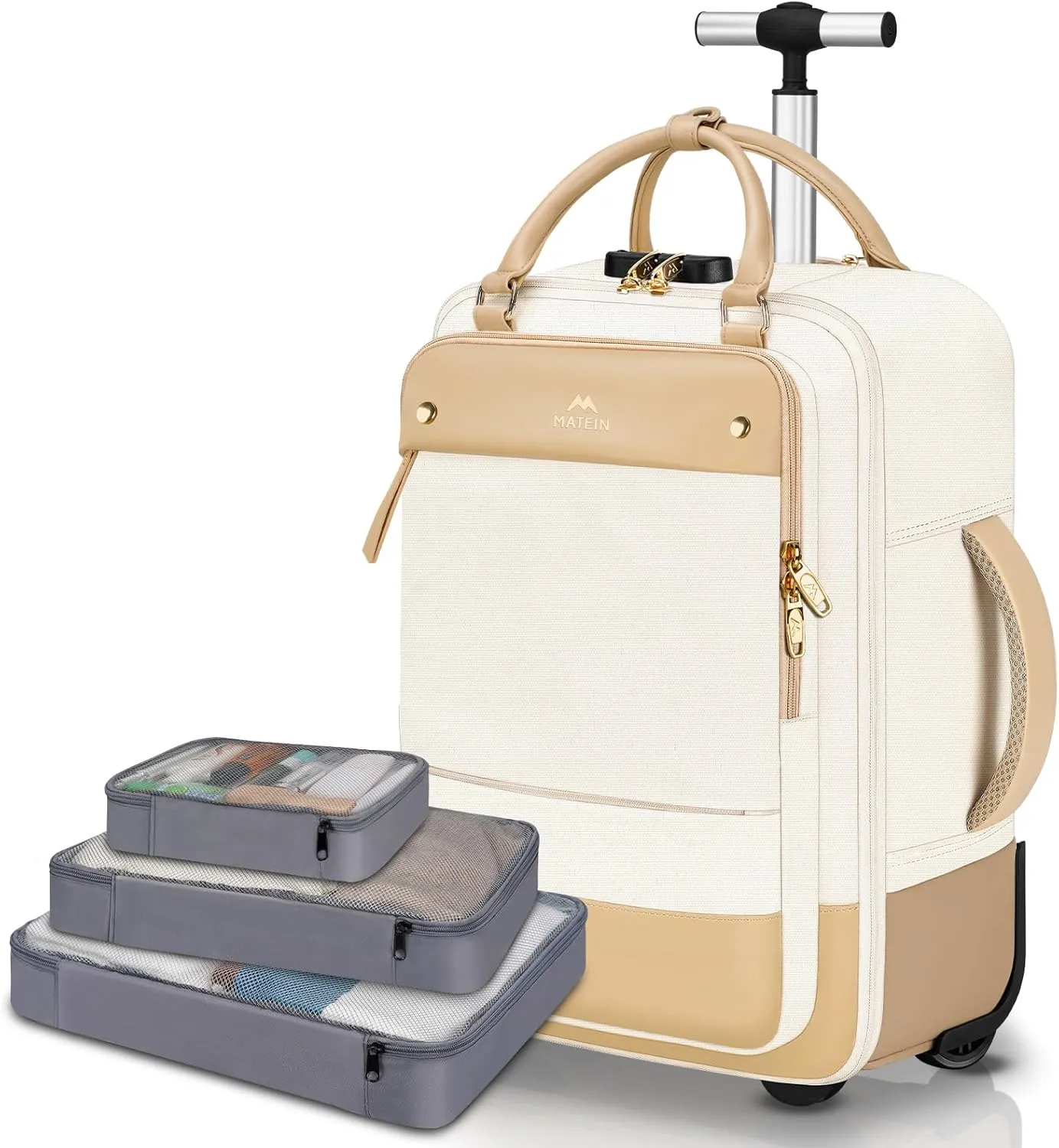 MATEIN Rolling Laptop Bag for Women, 17 Inch Laptop Bag with wheels, 40L Large TSA Travel Luggage Suitcase Carry on Flight Approved with 3 Packing Cubes, Anti-Theft Roller Computer Trip Travel, Beige