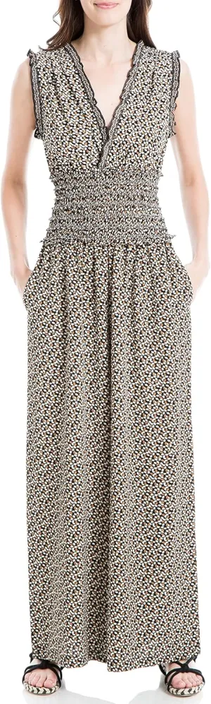Max Studio Womens Fall 2023 Casual Ruffled V-neck Smocked Waist Chic Printed Everyday Wide Leg Jumpsuit
