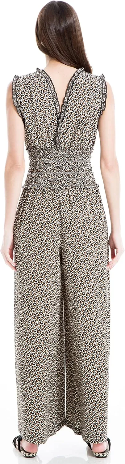 Max Studio Womens Fall 2023 Casual Ruffled V-neck Smocked Waist Chic Printed Everyday Wide Leg Jumpsuit