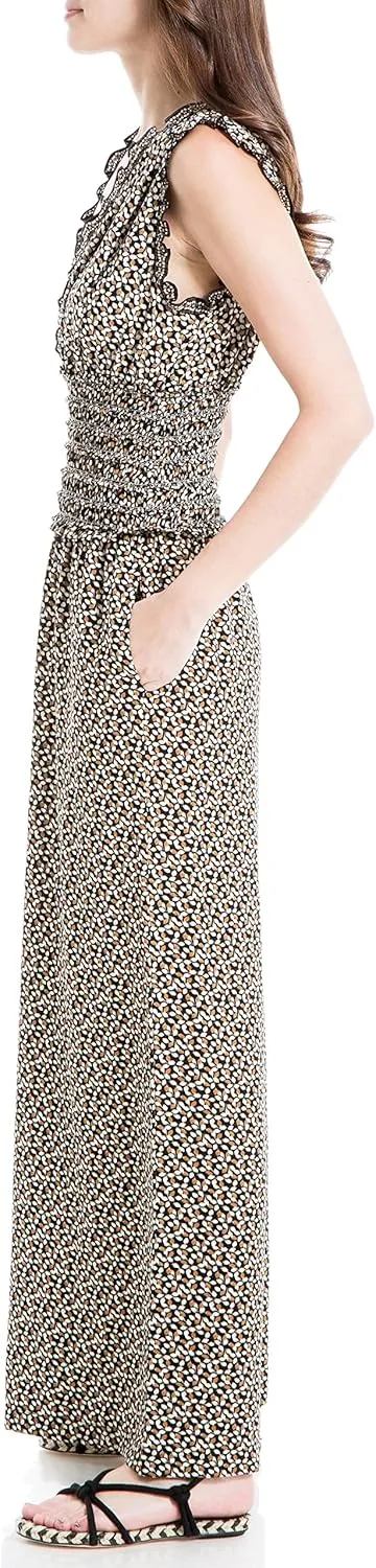 Max Studio Womens Fall 2023 Casual Ruffled V-neck Smocked Waist Chic Printed Everyday Wide Leg Jumpsuit
