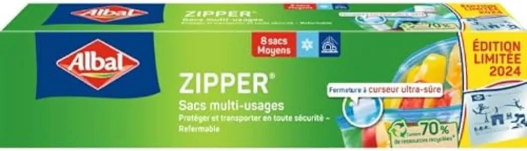 Medium 3L ZIPPER Bags, 70% Recycled Resources, Ultra-Safe Zipper, Durable, Dishwasher Safe, Food Saver Application, 27 x 24 cm
