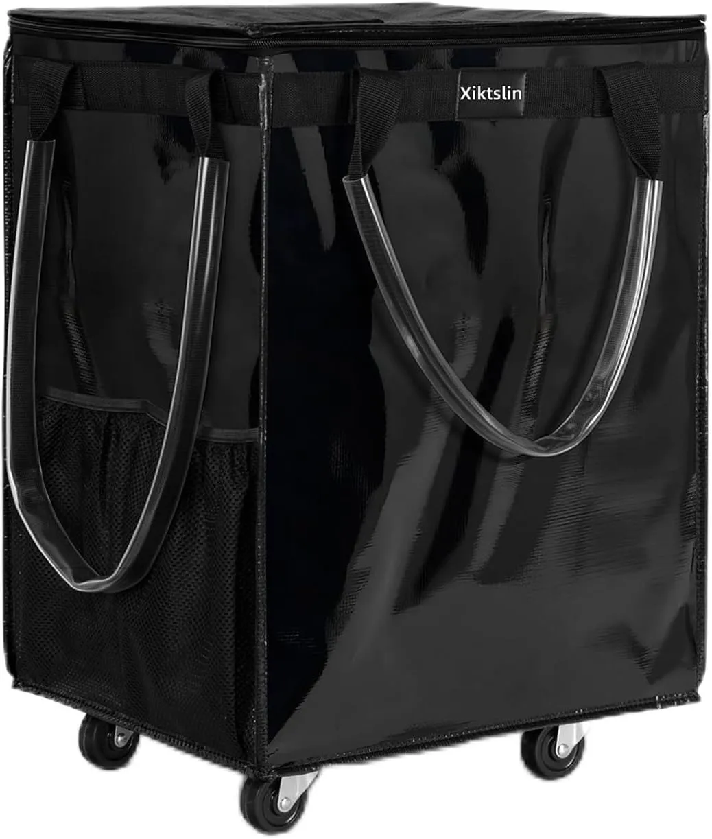 (Medium, Black) Reusable Grocery Bag on Wheels, Foldable Rolling Tote 76 lbs Capacity Shopping Trolley, Rolling Bag with Handles, Zipper Clouser Rolling Tote Bag with Wheels for Laundry