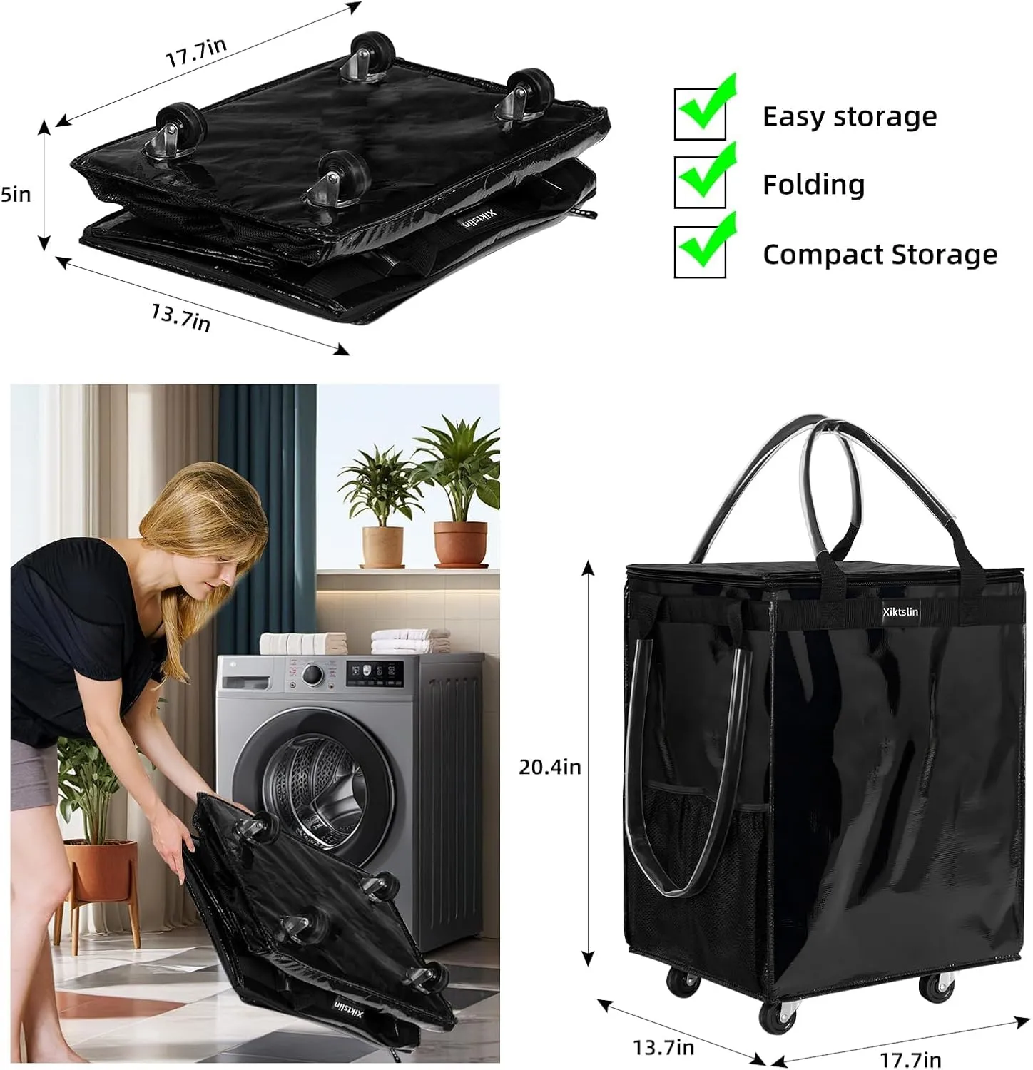 (Medium, Black) Reusable Grocery Bag on Wheels, Foldable Rolling Tote 76 lbs Capacity Shopping Trolley, Rolling Bag with Handles, Zipper Clouser Rolling Tote Bag with Wheels for Laundry