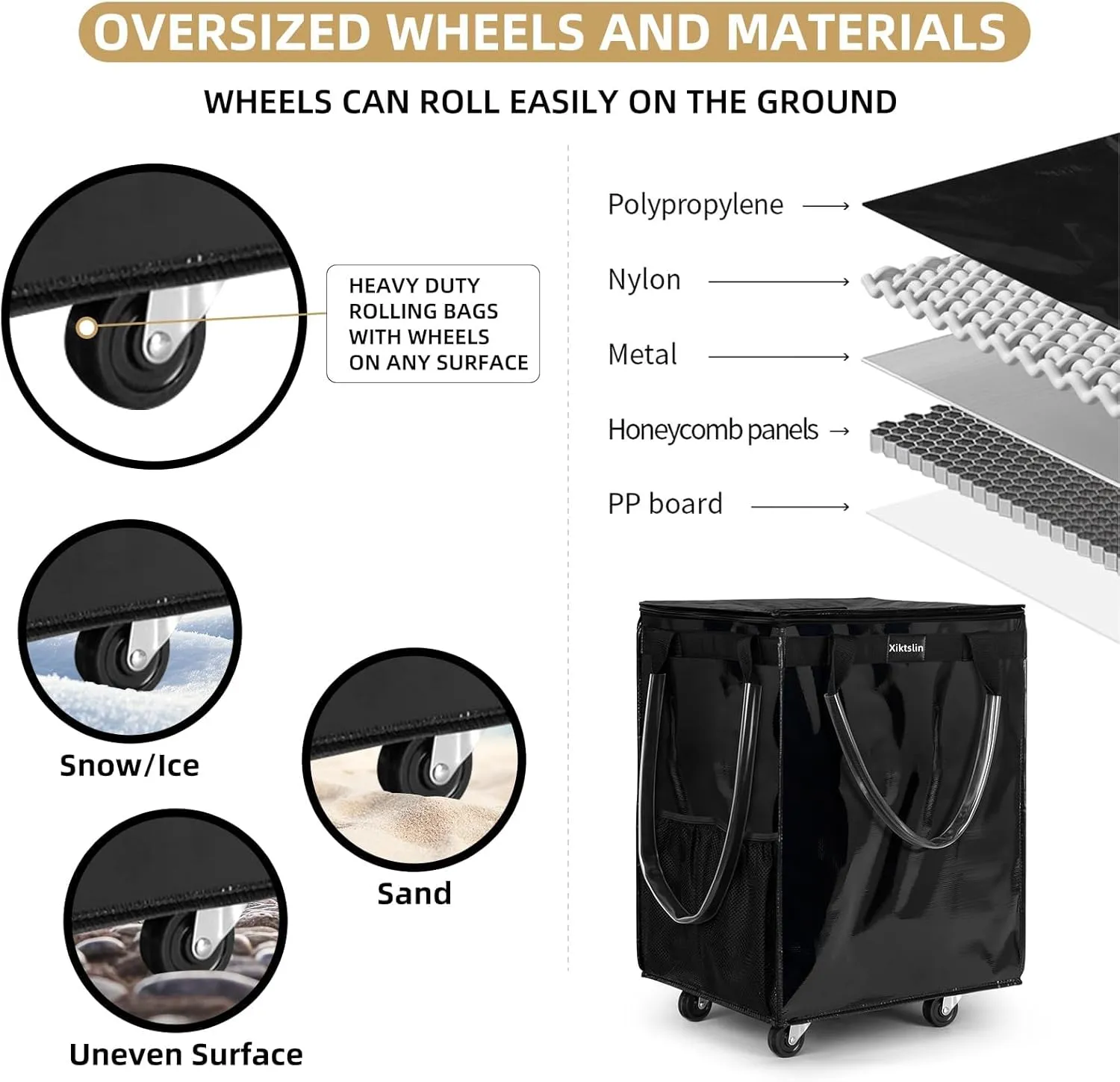 (Medium, Black) Reusable Grocery Bag on Wheels, Foldable Rolling Tote 76 lbs Capacity Shopping Trolley, Rolling Bag with Handles, Zipper Clouser Rolling Tote Bag with Wheels for Laundry