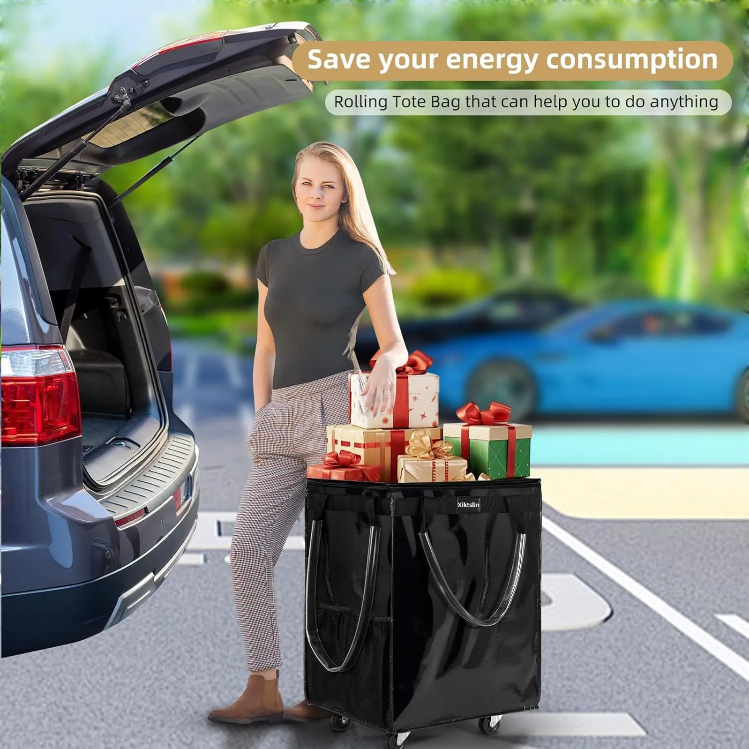 (Medium, Black) Reusable Grocery Bag on Wheels, Foldable Rolling Tote 76 lbs Capacity Shopping Trolley, Rolling Bag with Handles, Zipper Clouser Rolling Tote Bag with Wheels for Laundry
