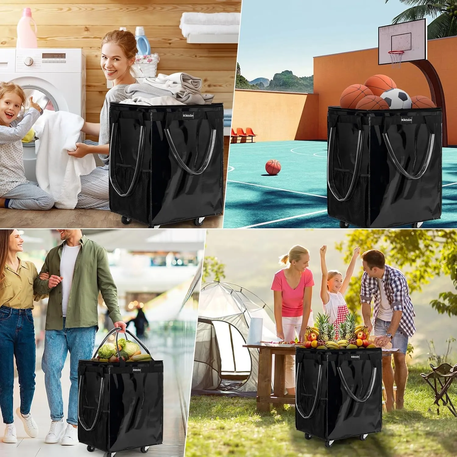 (Medium, Black) Reusable Grocery Bag on Wheels, Foldable Rolling Tote 76 lbs Capacity Shopping Trolley, Rolling Bag with Handles, Zipper Clouser Rolling Tote Bag with Wheels for Laundry
