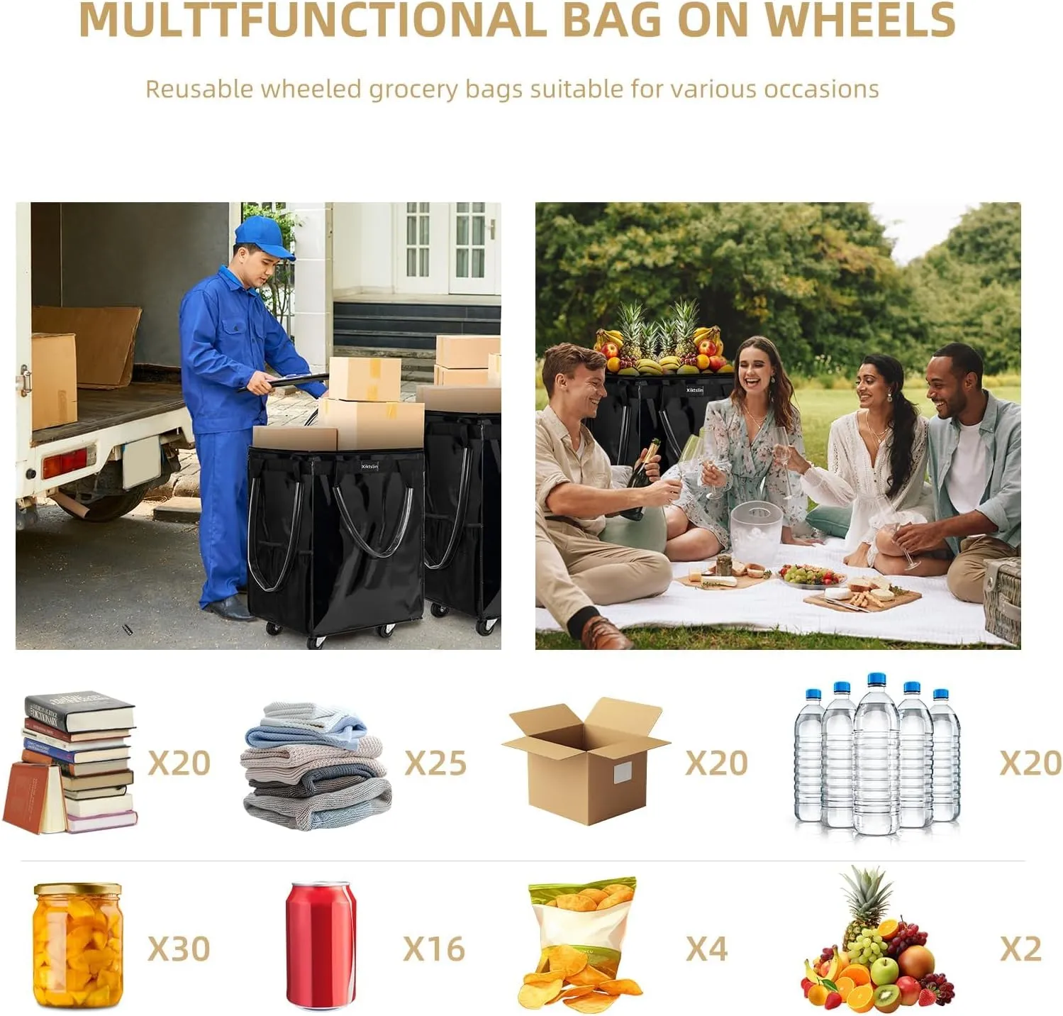 (Medium, Black) Reusable Grocery Bag on Wheels, Foldable Rolling Tote 76 lbs Capacity Shopping Trolley, Rolling Bag with Handles, Zipper Clouser Rolling Tote Bag with Wheels for Laundry
