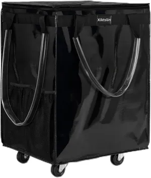 (Medium, Black) Reusable Grocery Bag on Wheels, Foldable Rolling Tote 76 lbs Capacity Shopping Trolley, Rolling Bag with Handles, Zipper Clouser Rolling Tote Bag with Wheels for Laundry