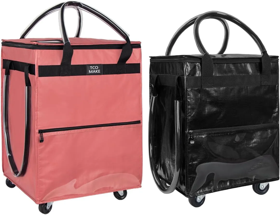 Medium-Pink, Small- Black Reusable Grocery Bag on Wheels Rolling Shopping Bags Folding Rolling Tote