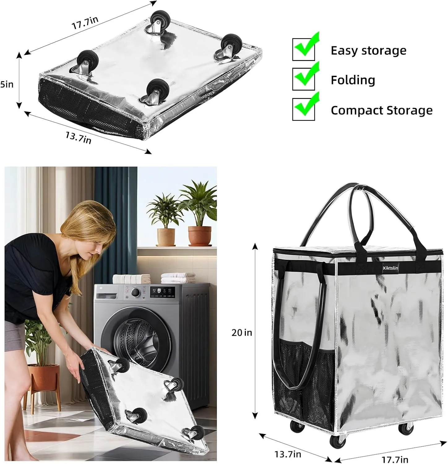 (Medium,Silver) Reusable Grocery Bag on Wheels, Foldable Rolling Tote 76 lbs Capacity Shopping Trolley,Rolling Bag with Handles,Zipper Clouser Rolling Tote Bag with Wheels for Laundry