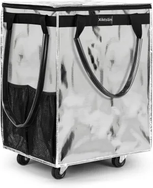 (Medium,Silver) Reusable Grocery Bag on Wheels, Foldable Rolling Tote 76 lbs Capacity Shopping Trolley,Rolling Bag with Handles,Zipper Clouser Rolling Tote Bag with Wheels for Laundry