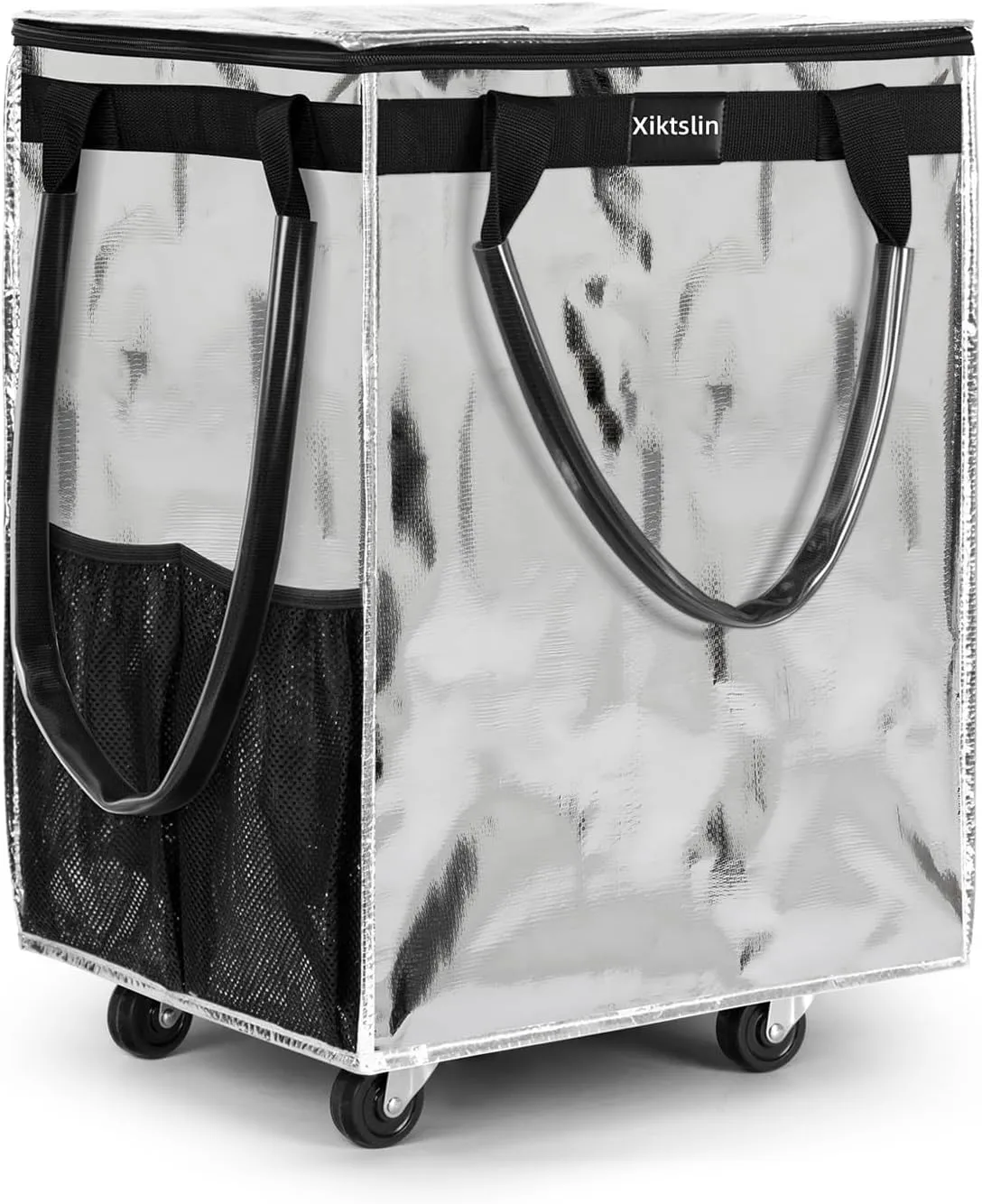 (Medium,Silver) Reusable Grocery Bag on Wheels, Foldable Rolling Tote 76 lbs Capacity Shopping Trolley,Rolling Bag with Handles,Zipper Clouser Rolling Tote Bag with Wheels for Laundry